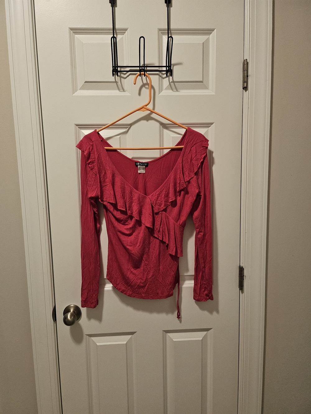 VENUS Hot Pink Ruffle V-Neck Long Sleeve Top